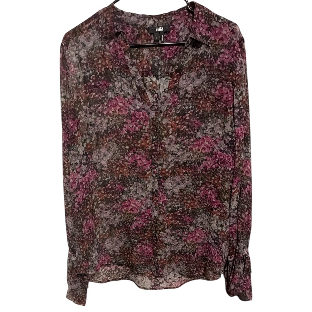 PAIGE Abriana‎ Silk Printed Shirt Purple Floral Chiffon Ruffle Cuff Blouse Large - Picture 4 of 6